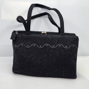 Mondani New York Gray Wool Kiss Lock Frame Handbag Compartment Satchel Purse